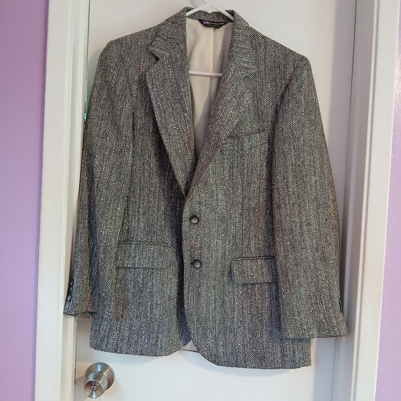 Men's John Alexander Herringbone  Tweed Blazer Grey GUC Made in USA - Picture 1 of 8